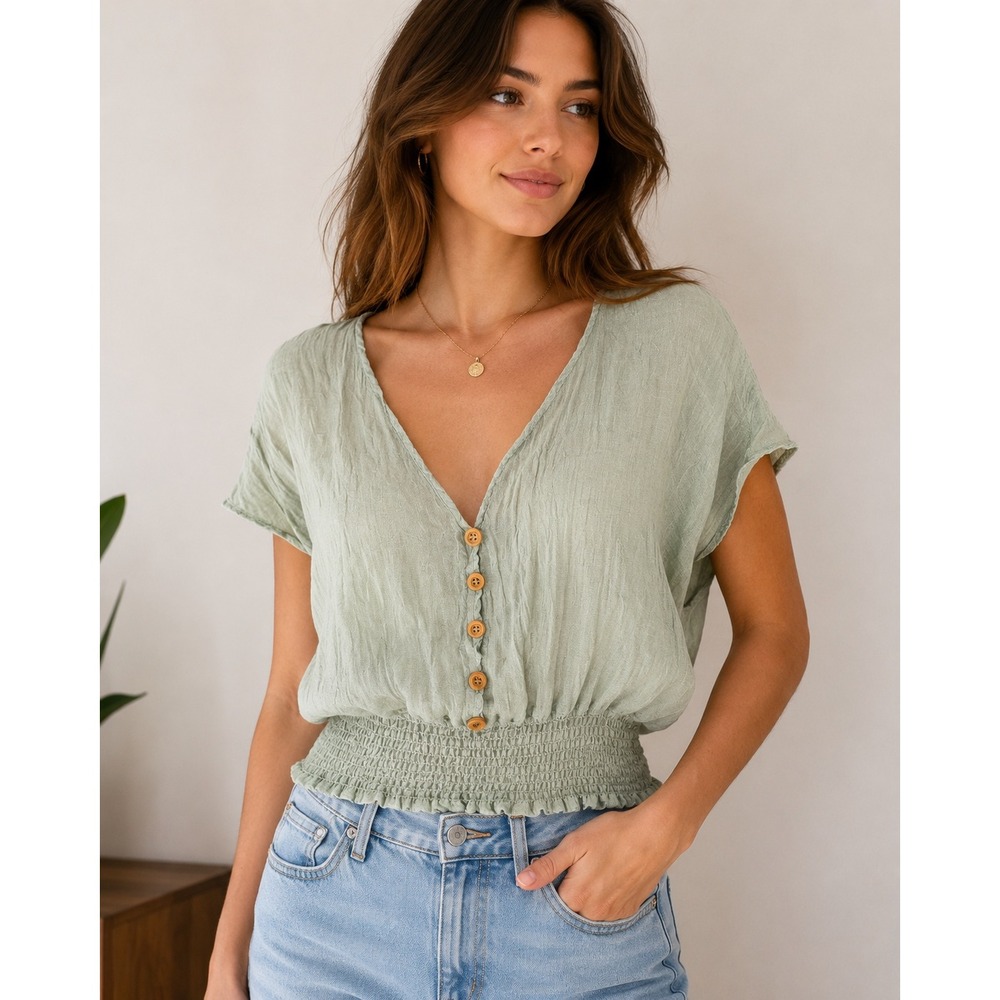 Purple Snow Blouse Womens Large Sage Green Button Front Smocked Waist Top